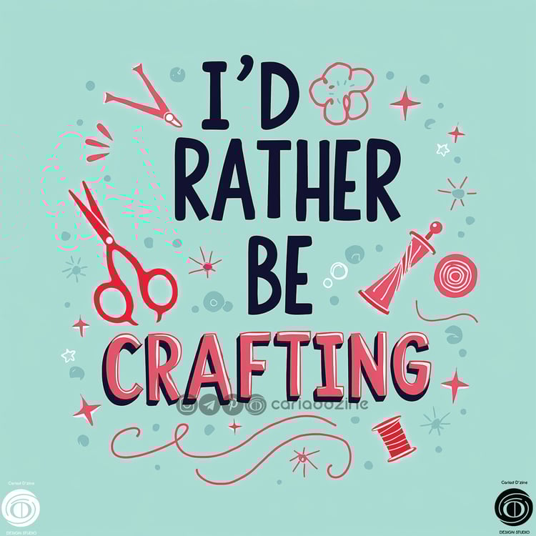 crafting art, digital illustration, Id rather be crafting, craft supplies, creative design, turquoise background, whimsical art, Cariad Dzine design