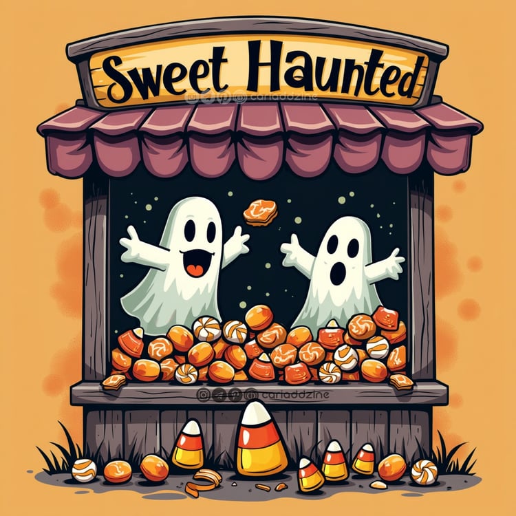 Sweet Haunted, Halloween illustration, whimsical art, candy stand, playful ghosts, spooky decor, Cariad Dzine design