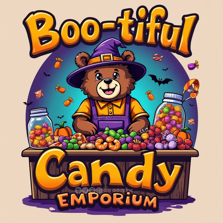 Sweet Haunted, Halloween illustration, whimsical art, candy stand, playful ghosts, spooky decor, Cariad Dzine design