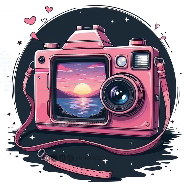 vintage camera, photography art, nostalgic illustration, soft pink decor, classic SLR design, analog photography, Cariad Dzine design