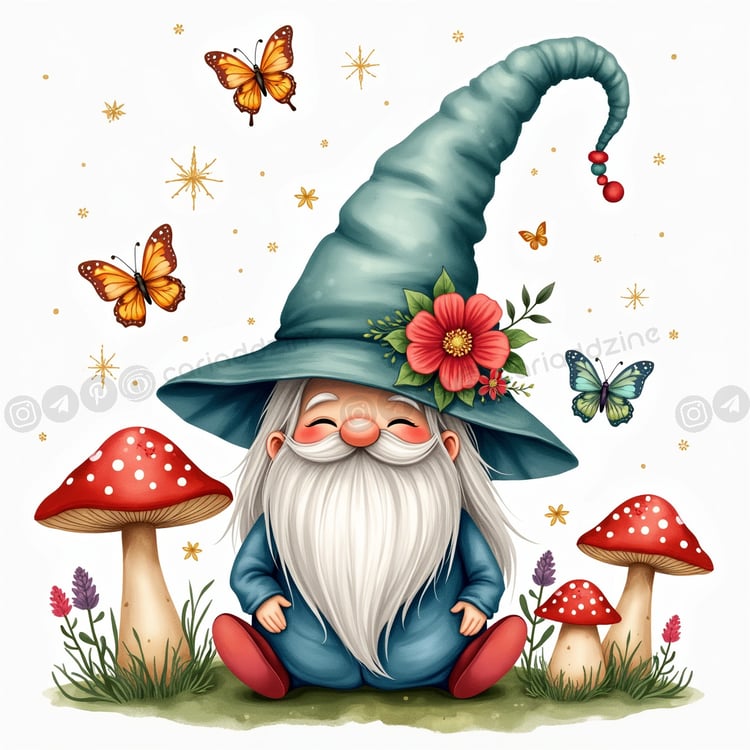 gnome art, whimsical illustration, nature art, magical gnome, colorful fantasy, fairy tale decor, Cariad Dzine design, enchanting artwork, whimsical home decor, playful gnome