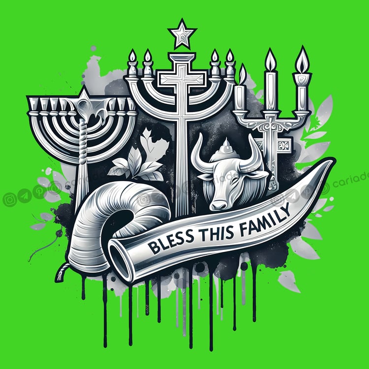 Messianic art, Jewish symbolism, menorah, shofar, heritage illustrations, faith-themed art, spiritual designs, Cariad Dzine design, community artwork, cultural patterns
