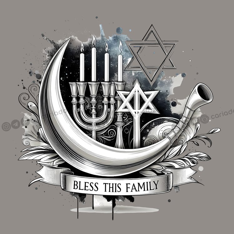 Messianic art, Jewish symbolism, menorah, shofar, heritage illustrations, faith-themed art, spiritual designs, Cariad Dzine design, community artwork, cultural patterns
