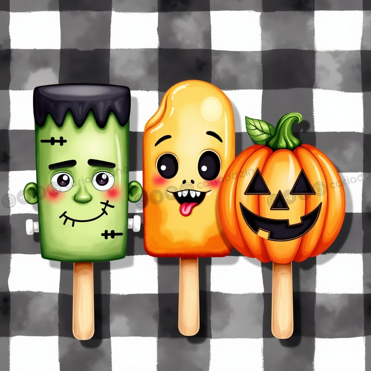 Halloween popsicles, whimsical art, spooky treats, Halloween characters, playful designs, seasonal decorations, fun illustrations, Cariad Dzine design, festive art, humorous Halloween