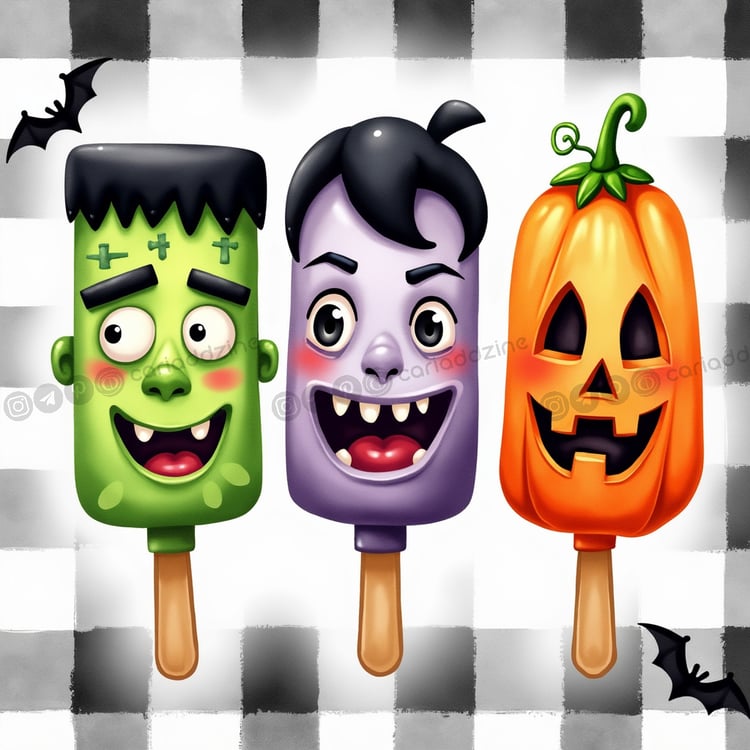 Halloween popsicles, whimsical art, spooky treats, Halloween characters, playful designs, seasonal decorations, fun illustrations, Cariad Dzine design, festive art, humorous Halloween