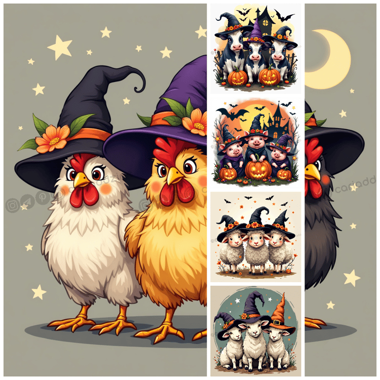 Halloween animals, whimsical art, farm creatures, festive illustrations, Halloween decorations, playful costumes, enchanting animals, Cariad Dzine design, seasonal art, joyful Halloween