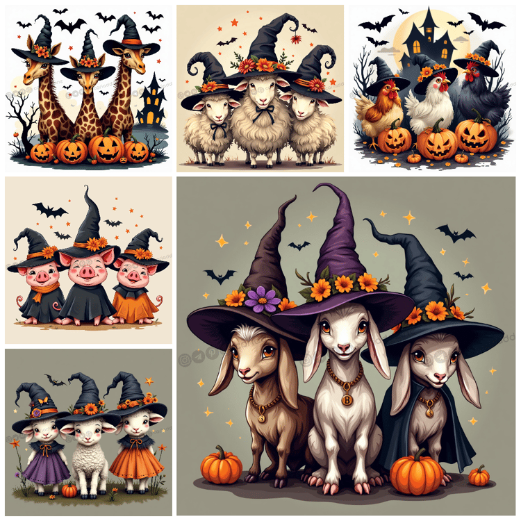 Halloween animals, whimsical art, farm creatures, festive illustrations, Halloween decorations, playful costumes, enchanting animals, Cariad Dzine design, seasonal art, joyful Halloween