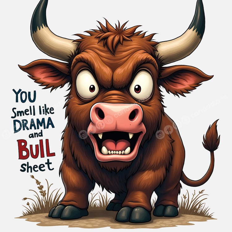 cartoon bull, humorous design, playful art, funny quotes, vibrant illustrations, comical expressions, witty sayings, Cariad Dzine design, animal art, lighthearted humor