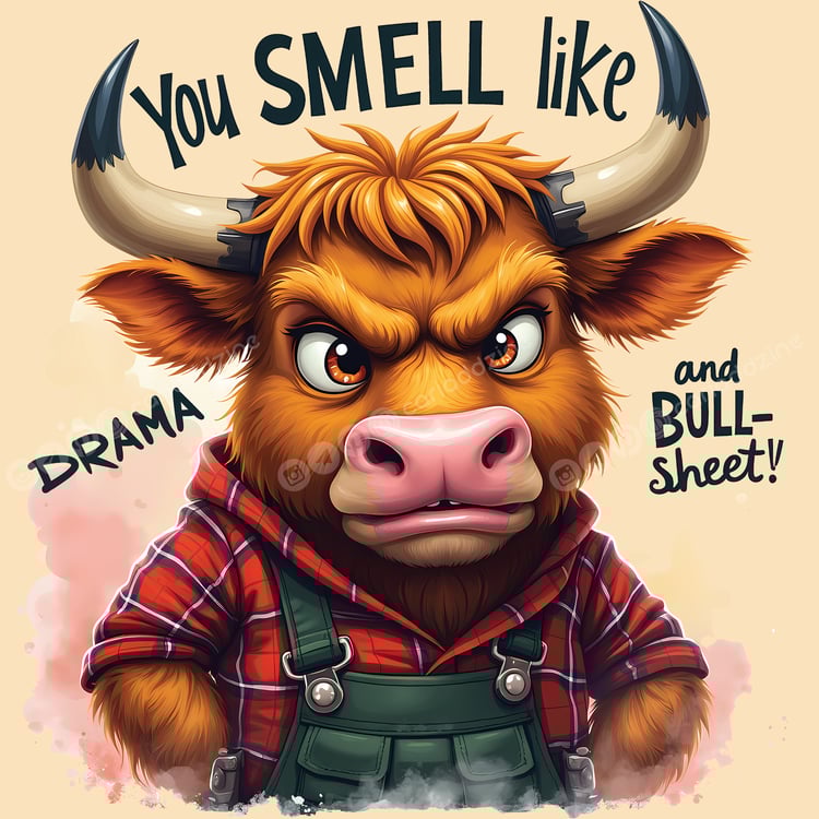 cartoon bull, humorous design, playful art, funny quotes, vibrant illustrations, comical expressions, witty sayings, Cariad Dzine design, animal art, lighthearted humor