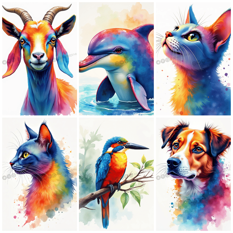 vibrant animal art, surreal illustrations, colorful wildlife, goat art, dolphin artwork, playful cats, kingfisher painting, dog art, Cariad Dzine design, nature diversity