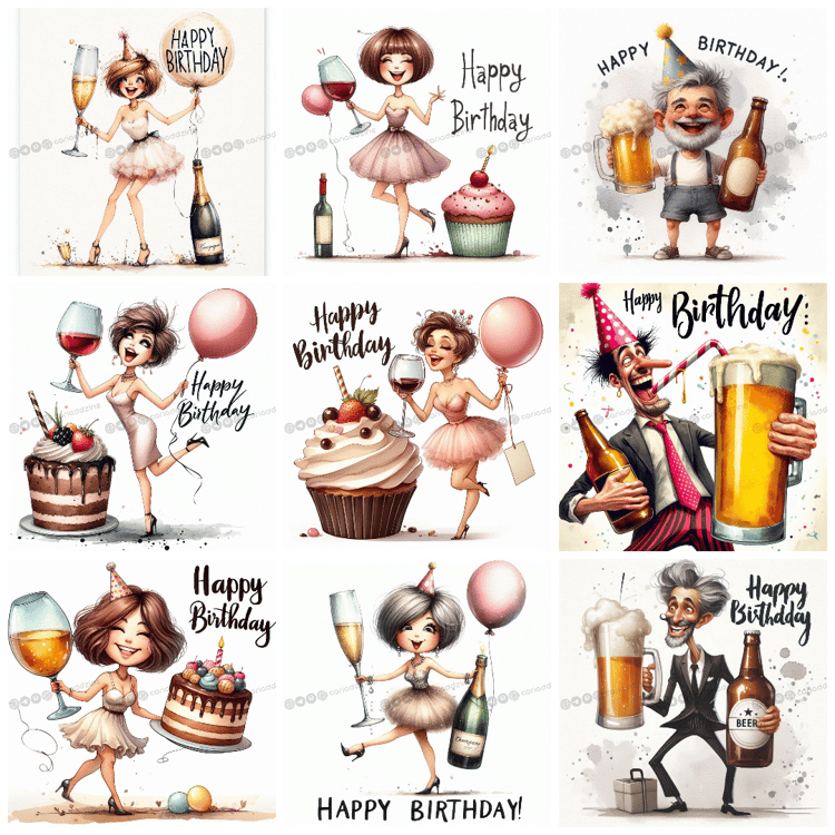 birthday illustrations, whimsical art, cartoon style, celebration images, festive artwork, humor in art, party themes, fun designs, adult birthday art, Cariad Dzine design