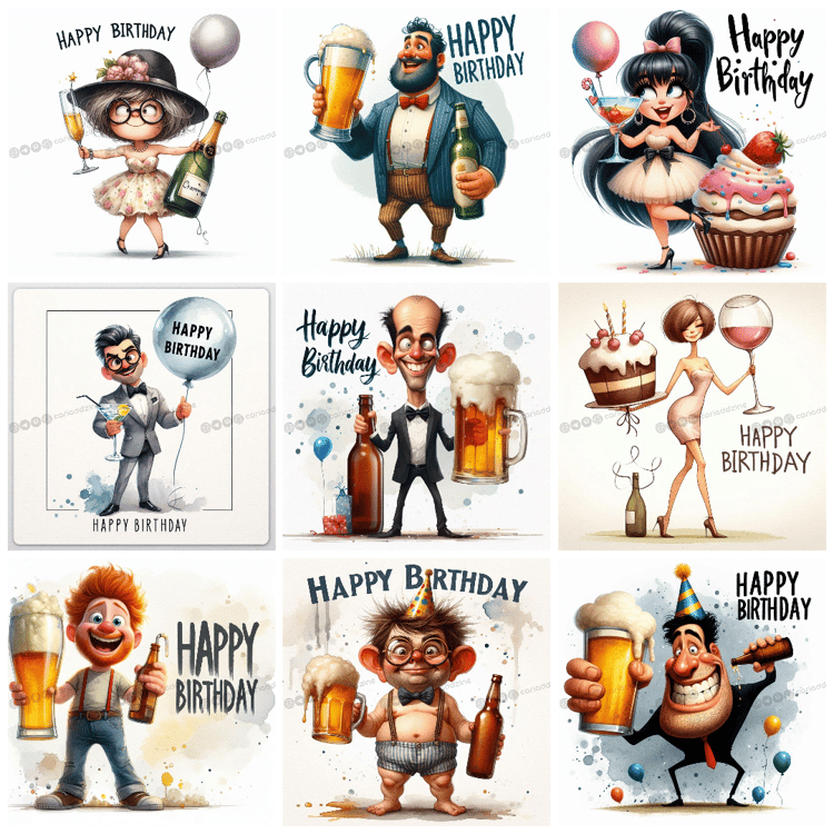 birthday illustrations, whimsical art, cartoon style, celebration images, festive artwork, humor in art, party themes, fun designs, adult birthday art, Cariad Dzine design