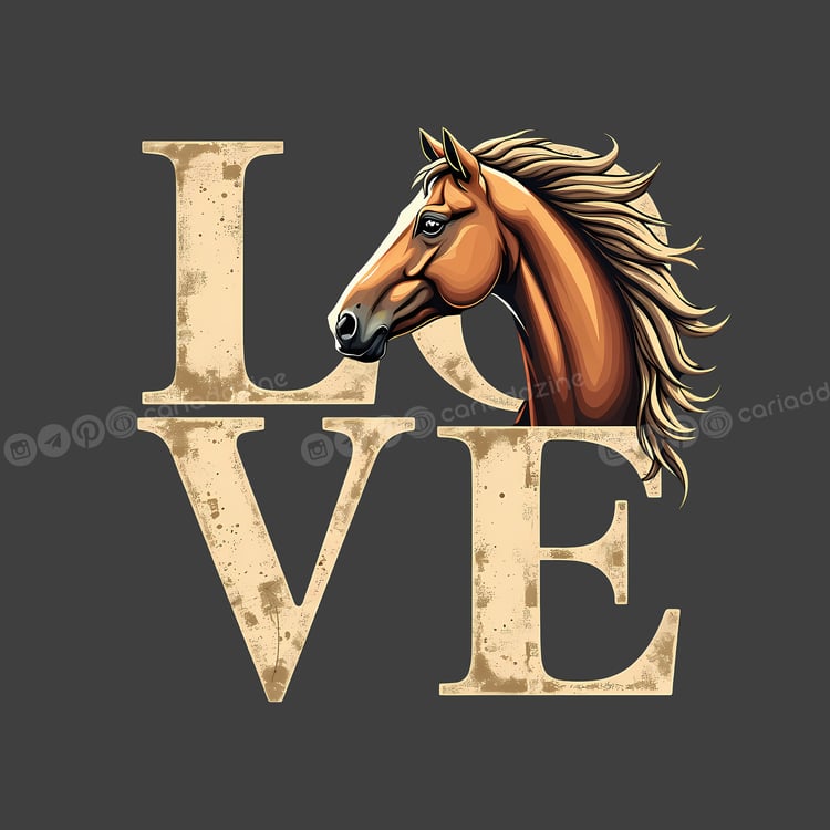 LOVE designs, horse art, rustic typography, equestrian decor, nature and love, colorful illustrations, horse imagery, Cariad Dzine design, creative typography, animal-themed art