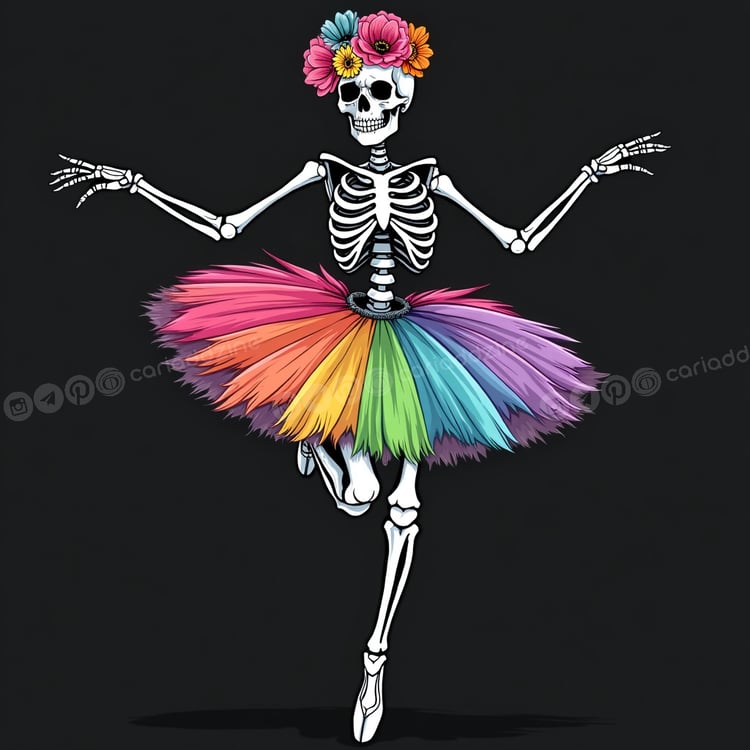 dancing skeletons, Día de los Muertos, vibrant art, Halloween illustrations, ballet skeletons, colorful designs, celebration of life, Cariad Dzine design, festive decor, joyful artwork