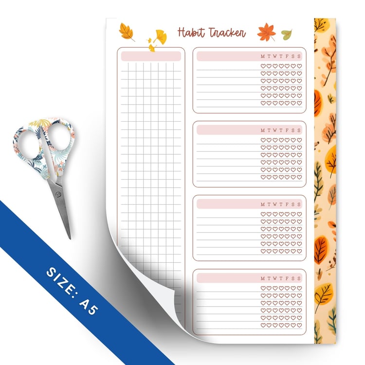 Autumn-themed habit tracker with warm fall colors, featuring spaces to track daily habits, goals, and progress.