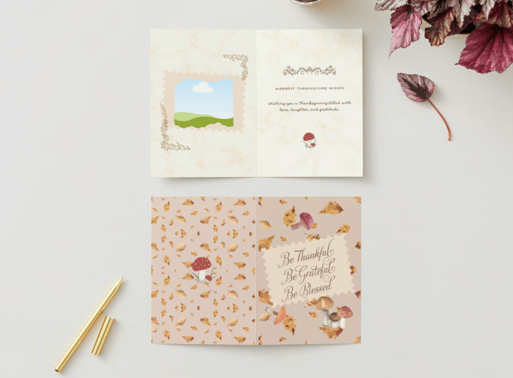 Customizable Warm Autumn Leaves Design Folded Card Portrait | Digital Canva Template. Mock card outside and inside view