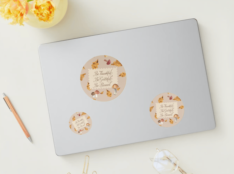 Customizable Warm Autumn Leaves Design Circle Sticker | Digital Canva Template. Mock stickers in different sizes