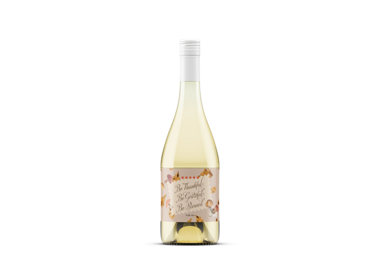 Customizable Warm Autumn Leaves Design Sticker Label 6"x4" | Digital Canva Template. Mock sticker on white wine bottle