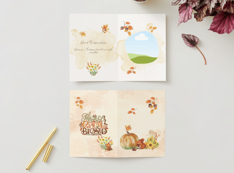 Customizable Warm Gathering at Pumpkin Folded Card Portrait | Digital Canva Template. Mock card outside and inside view