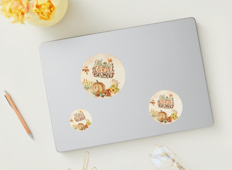 Customizable Warm Gathering at Pumpkin Circle Sticker | Digital Canva Template. Mock stickers on different sizes