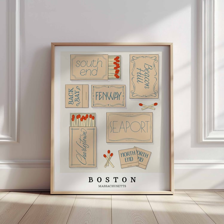 A framed picture of Boston, Massachusetts neighborhoods drawn in various lettering styles on matchboxes. Artwork has a beige and blue color scheme