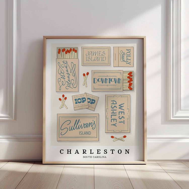 A framed picture of Charleston, South Carolina neighborhoods drawn in various lettering styles on matchboxes. Artwork has a beige and blue color scheme