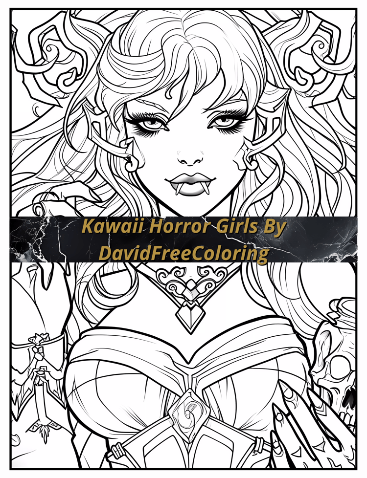 Kawaii Girls Coloring Book Kawaii Horror Girls Images for Adult Coloring Manga printable coloring book gift for adult PDF Download PNG