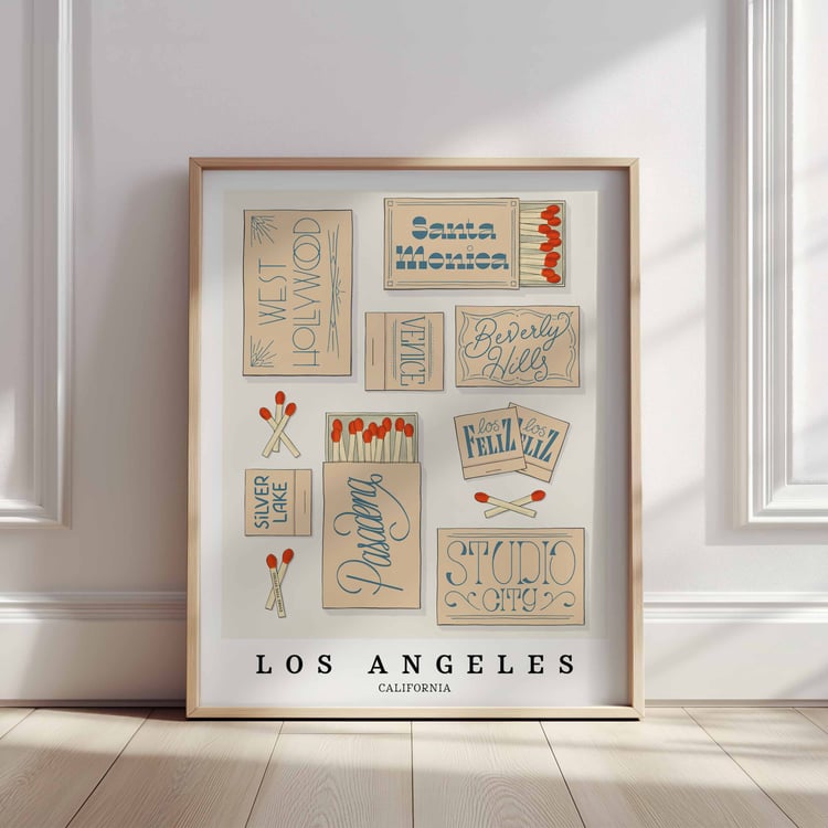 A framed picture of Los Angeles, California neighborhoods drawn in various lettering styles on matchboxes. Artwork has a beige and blue color scheme
