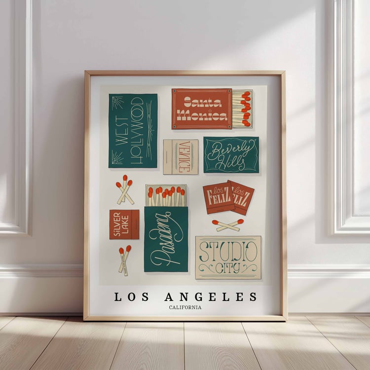 A framed picture of Los Angeles, California neighborhoods drawn in various lettering styles on matchboxes. Artwork has a green, orange and tan color scheme