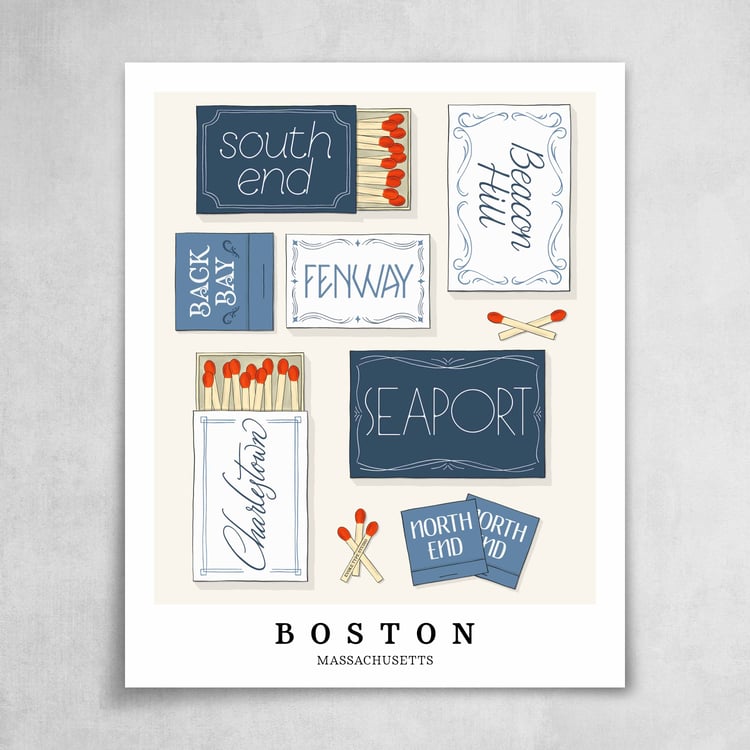 A collection of blue and white matchbooks featuring 7 neighborhoods in Boston, Massachusetts
