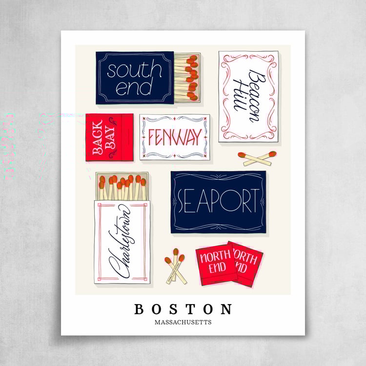 A collection of red, white and blue matchbooks featuring 7 neighborhoods in Boston, Massachusetts