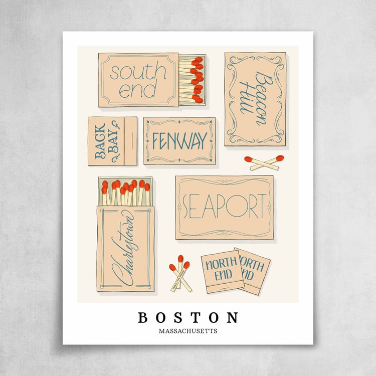 A collection of beige and blue matchbooks featuring 7 neighborhoods in Boston, Massachusetts