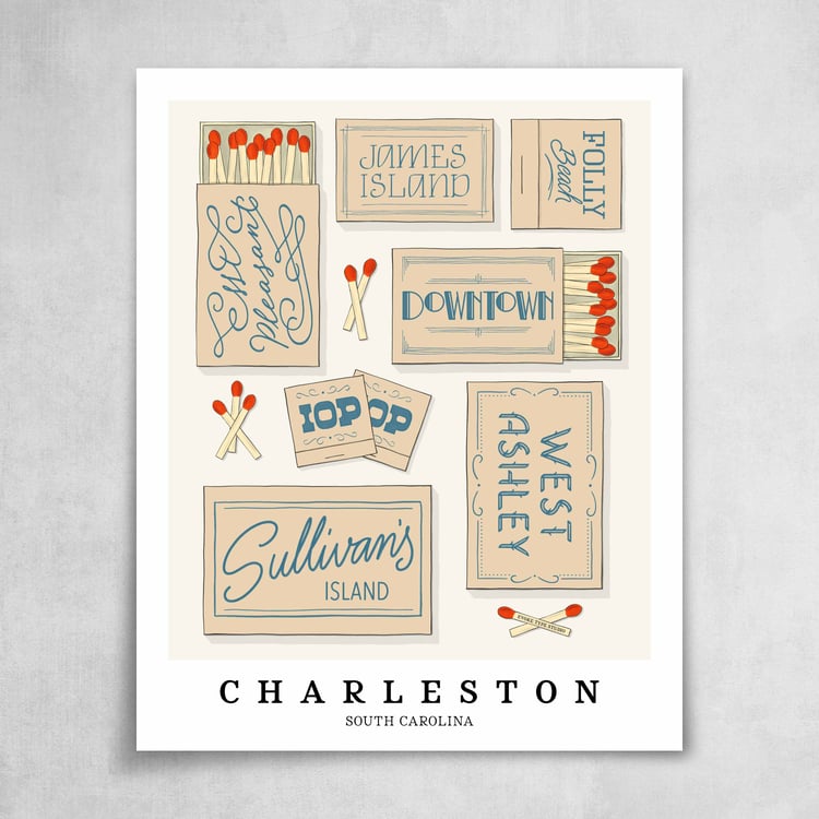 A collection of beige and blue matchbooks featuring 7 neighborhoods in Charleston, South Carolina