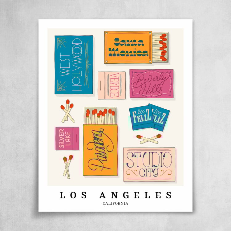 A collection of blue, orange and pink matchbooks featuring 8 neighborhoods in Los Angeles, California