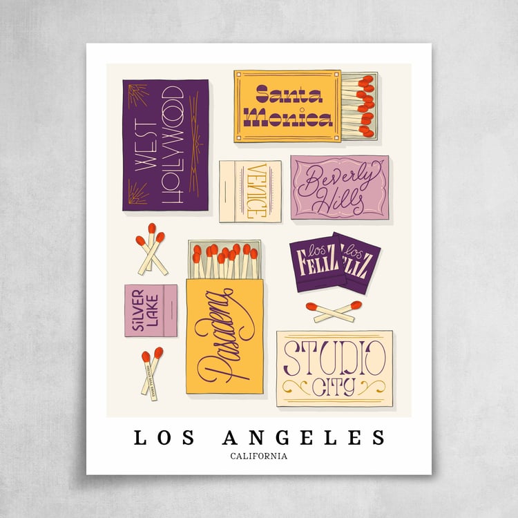 A collection of purple and yellow matchbooks featuring 8 neighborhoods in Los Angeles, California