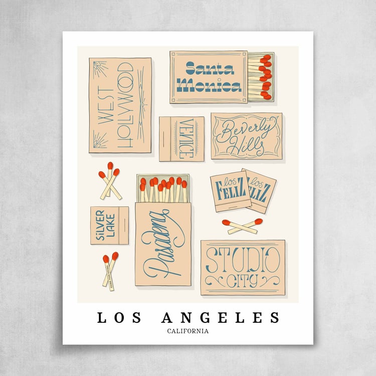 A collection of beige and blue matchbooks featuring 8 neighborhoods in Los Angeles, California