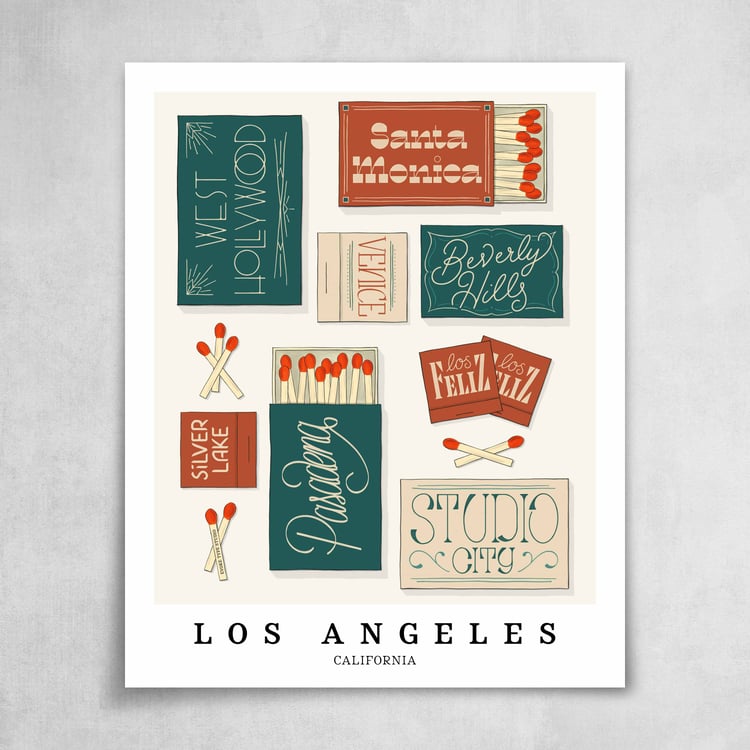 A collection of green, orange and tan matchbooks featuring 8 neighborhoods in Los Angeles, California