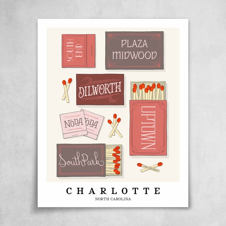 A collection of pink, burgundy and gray matchbooks featuring 6 neighborhoods in Charlotte, North Carolina