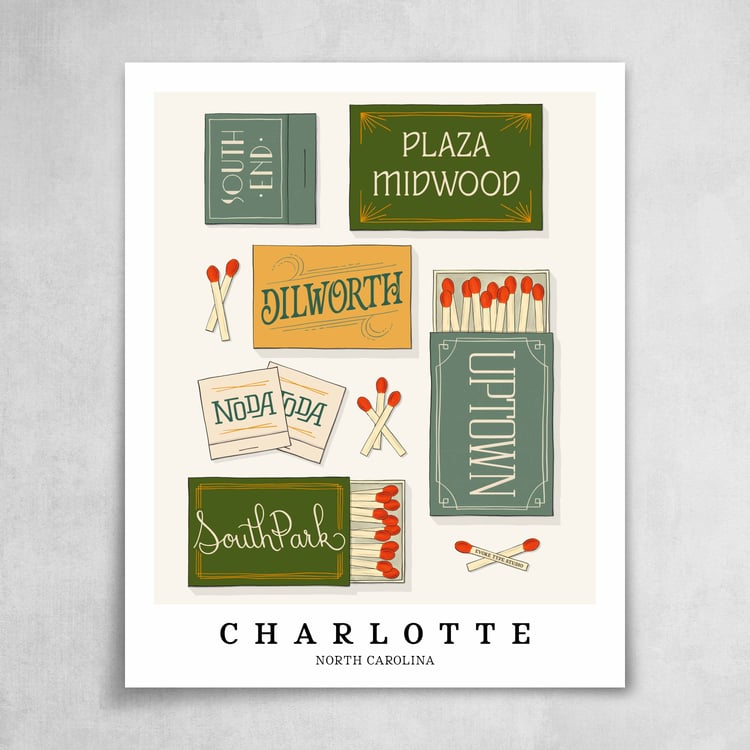 A collection of blue, green and yellow matchbooks featuring 6 neighborhoods in Charlotte, North Carolina