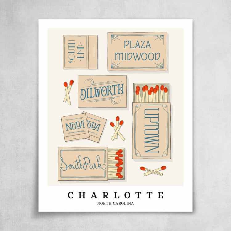 A collection of beige and blue matchbooks featuring 6 neighborhoods in Charlotte, North Carolina