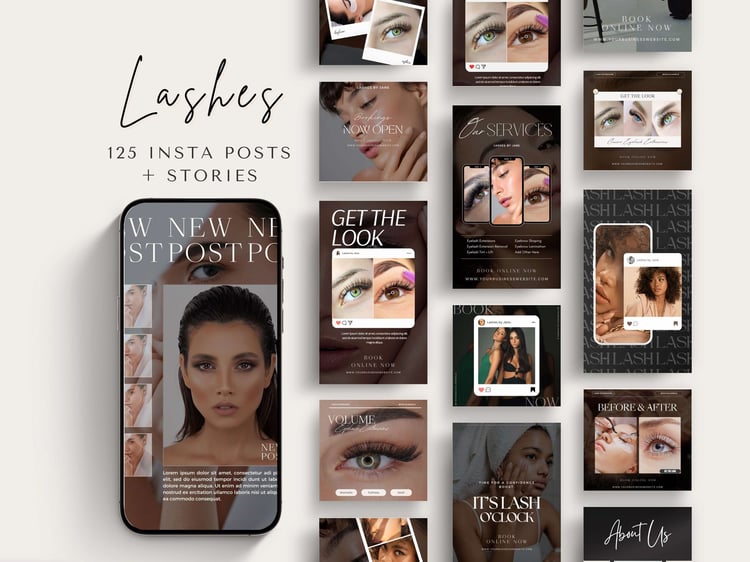Eyelash technician Instagram posts and stories bundle, 125 customizable eyelash extension social media templates, Lash tech Instagram content package, Lash tech Instagram and story templates details, Eyelash extension business social media kit, Customizab
