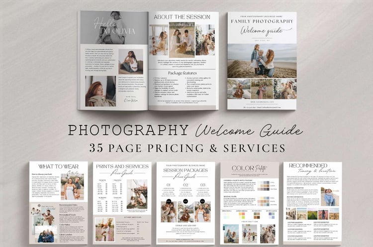Photography Welcome Guide, Family Photography session, Photographer Pricing Template, Client guide for photographers,  Family Session, pricing and services, pricelist, magazine, family photography book
