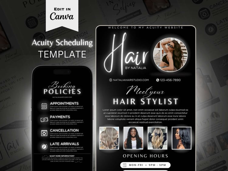 Acuity Scheduling Template, Hair Stylist Acuity Scheduling Template, Hair Stylist Branding, Hair Stylist Website, Canva Template, hair stylist website, canva website for hair artist, makeup artist, lash tech acuity, esthetician Acuity templates