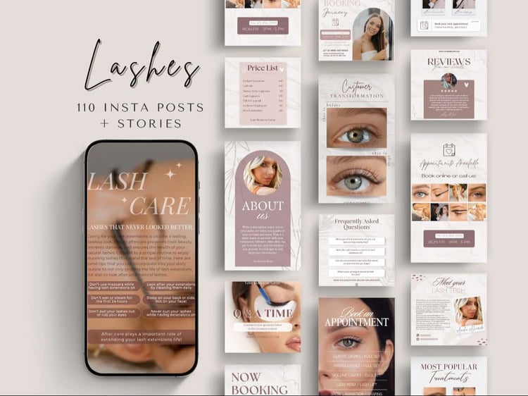 Lash Tech Instagram Post Template Bundle with minimal designed posts. Lash Extension, Story Highlight Covers, Lash Content Branding Kit, eyelash extensions instagram posts, lash instagram bundle, consultation forms, Eyelash business, Canva