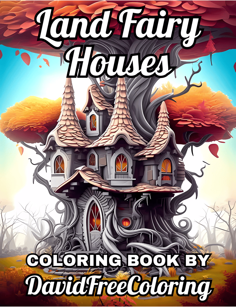 Land Fairy Houses Coloring Book Houses Image for Adult Coloring Page Fairy Houses printable coloring book gift for adult PDF Download PNG