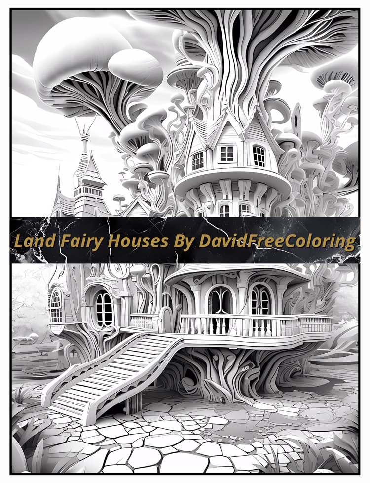 Land Fairy Houses Coloring Book Houses Image for Adult Coloring Page Fairy Houses printable coloring book gift for adult PDF Download PNG