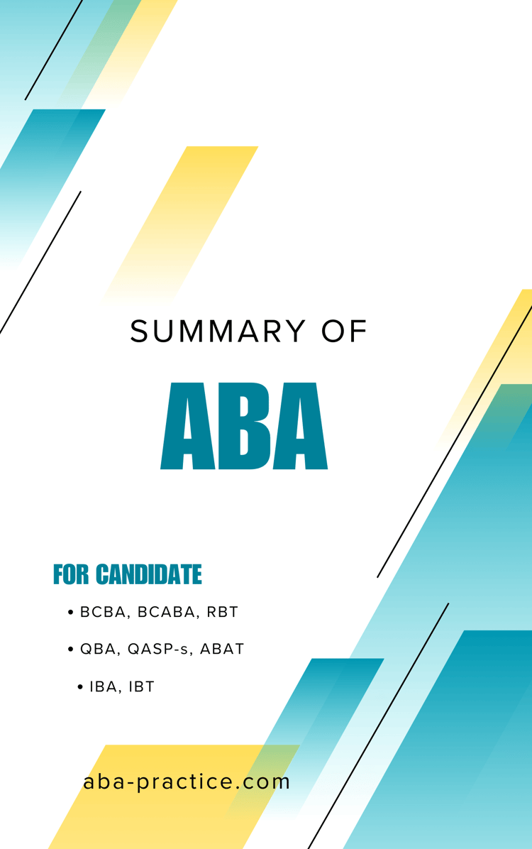 ABA Essentials: Study Guide for All Levels featuring soft blues and greens, with visuals related to ABA techniques, mock exams, and study guides for candidates preparing for QBA, QASP-S, ABAT, BCBA, BCaBA, and RBT certifications