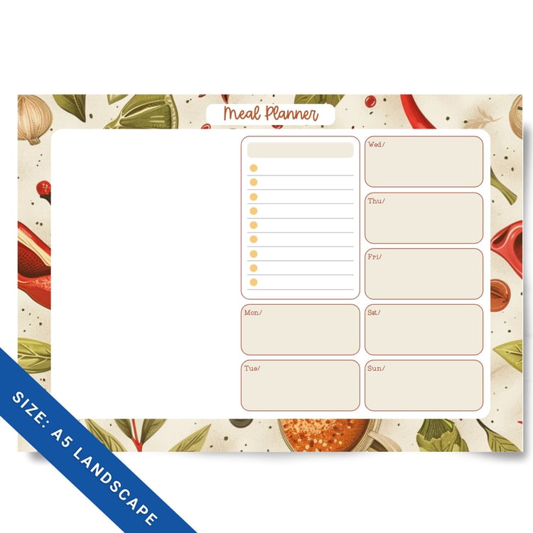 Meal Planner - A5 Landscape | Instant Download PDF | Weekly Meal Organizer
