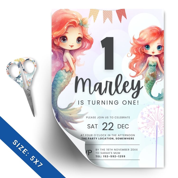 Mermaid 1st Birthday Invitation | Editable Canva Template | Instant Download 5x7