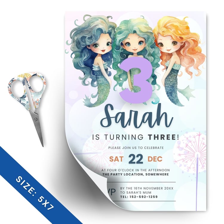 Mermaid 3rd Birthday Invitation | Editable Canva Template | Instant Download 5x7